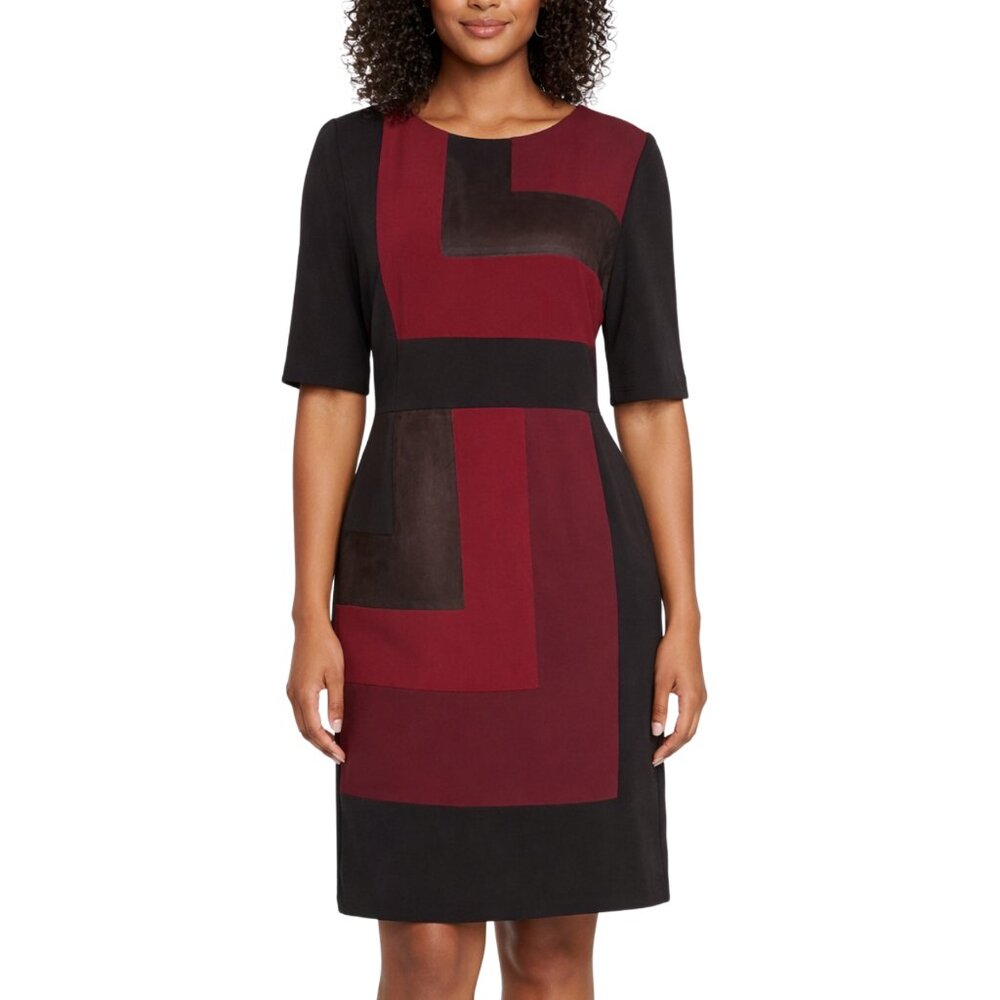 Alex Marie Colorblock Sheath Dress Size 12 Faux Suede Geometric Burgundy Brown